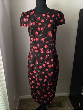 Betsey Johnson Size 12 Black and Red Cap Sleeve Midi Cherries Dress